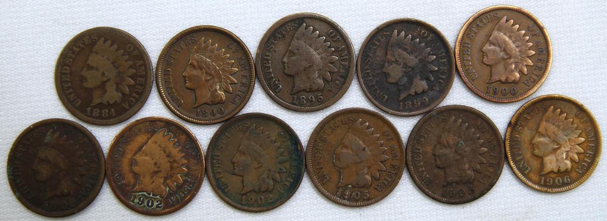 1884, 1890, 1895, 1899, 1900, (3) 1902, (2) 1905, 1906 Indian Head Cents