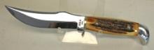 Case XX 523-5 Fixed Blade Hunting Knife with Leather Sheath - 9 3/8" Overall, Snap broken on Sheath.