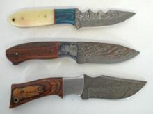 3 Damascus Steel Fixed Blade Hunting Knives with Leather Sheaths - All 3 about 8" Overall...