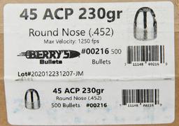 45 ACP 230 Gr RN Berrys Bullets .452 500 count