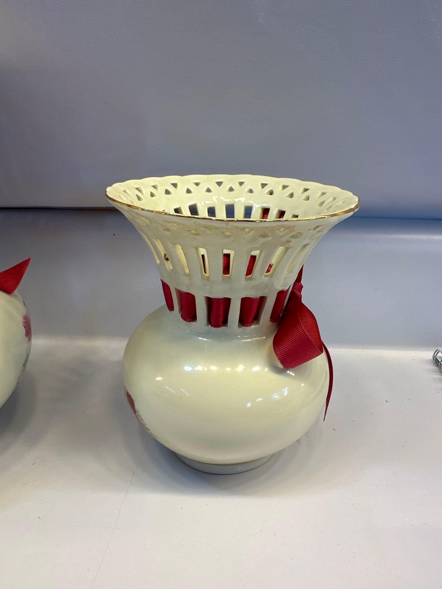 Victorian Rose Set of 3 Porcelain Lattice Vases