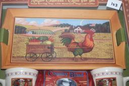 Rooster Collection Coffee For Two, Wood Serving Tray With Stoneware Mugs And Coffee, NIB