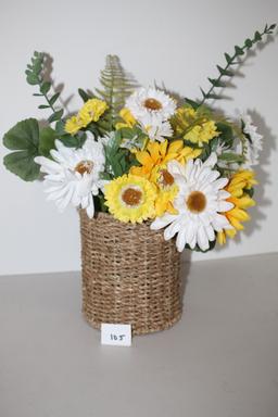 Woven Flower Basket With Artificial Flowers, Flowers Are In Floral Styrofoam Inside Basket