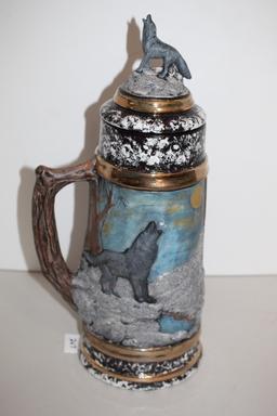 Tall Wolf Stein, Hand Painted, Ceramic, 17 1/2" Including Lid