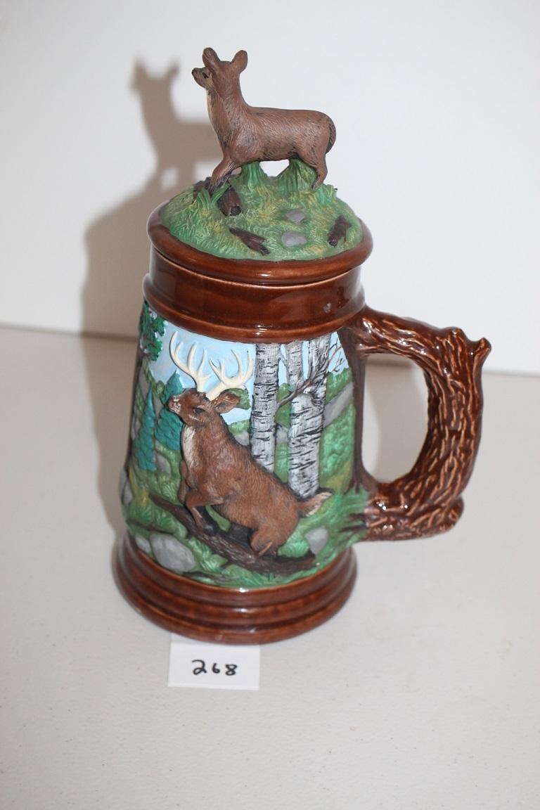 Deer Stein, Ceramic, Hand Painted, 10"