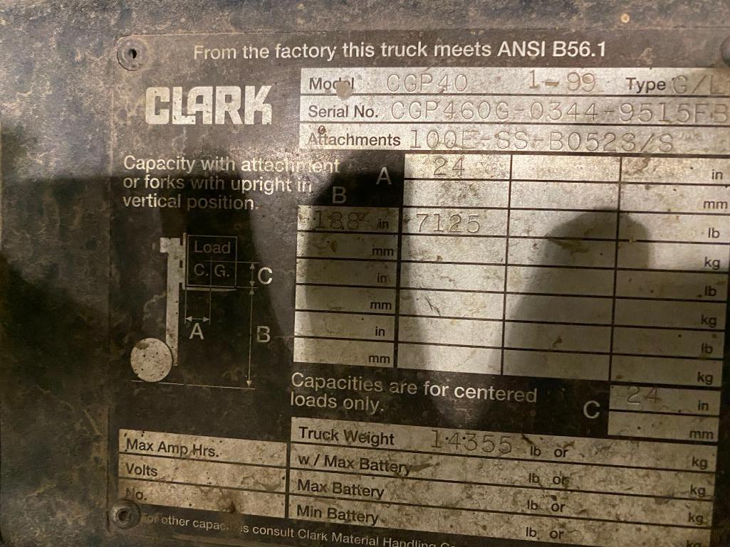 Clark CGP40 8,000 LB. Cap. Forklift, 3-Stage Mast, Sideshift, 48" Forks, 188" Lift Height, 2,360