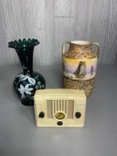 Vintage Old Navy Desk Clock, Painted Green Vase and Hand Painted Urn with Nautical Theme by Nippon