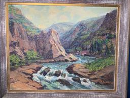 Oil on Canvas Mountain River Painting Signed Ch. Wm. DuVall '53