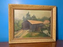 Oil on Canvas E. McWhorter Covered Bridge Scene