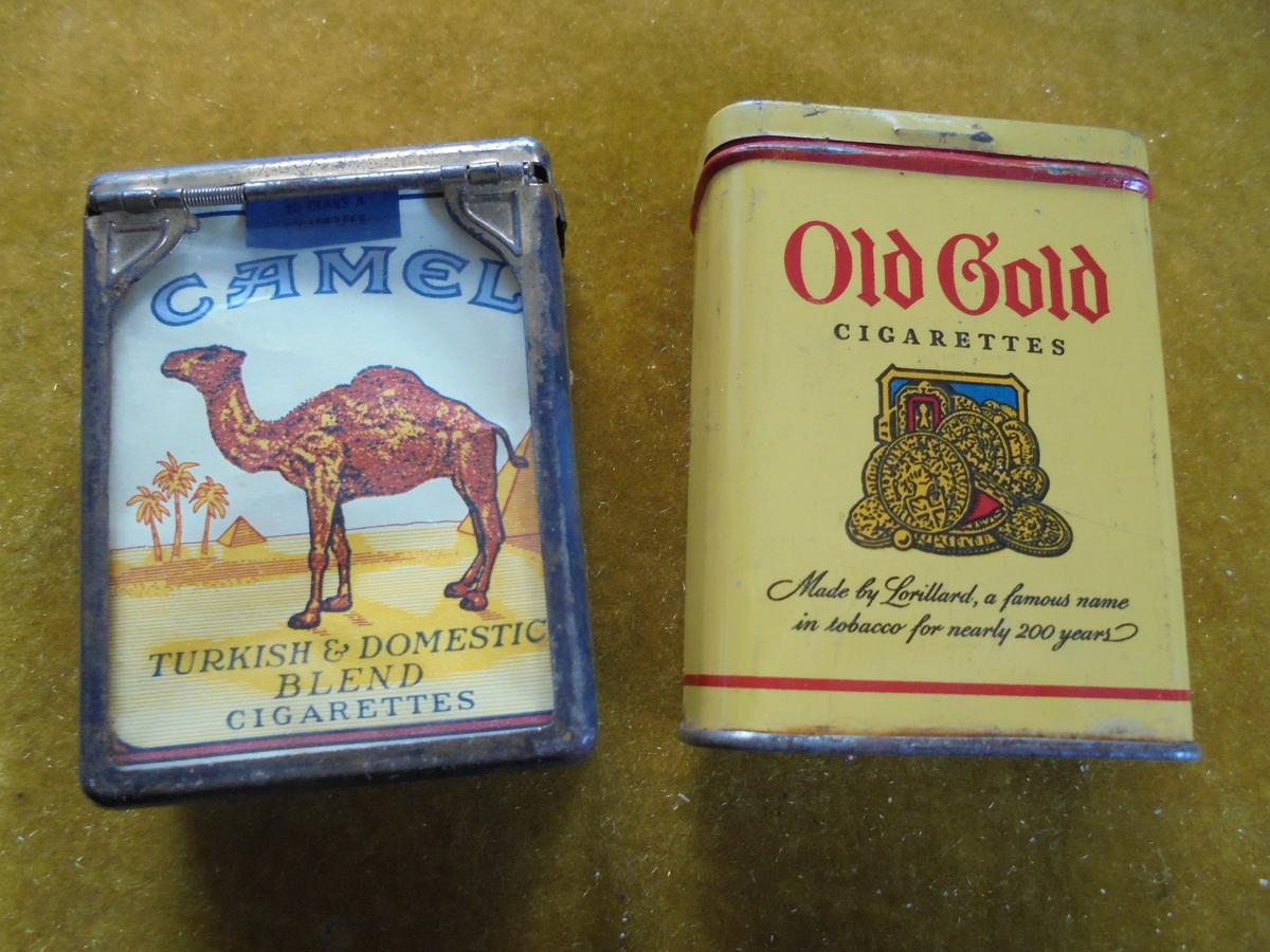TWO OLD CIGARETTE HOLDERS--ONE IS ADVERTISING TIN