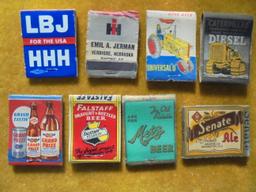 GROUP OF 8 OLD MATCH BOOKS-BEER AND MACHINERY ADVERTISING WITH ONE POLITICAL