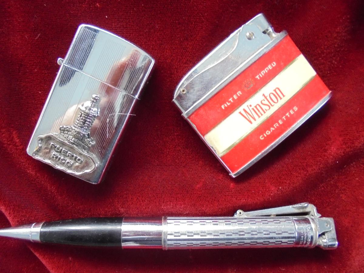 3 VINTAGE CIGARETTE LIGHTERS-ONE IS WINSTON--ONE PEN TOP AND PUERTO RICO