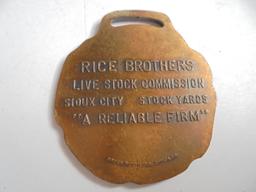 VINTAGE RICE BROTHERS COMM. WATCH FOB-SIOUX CITY STOCK YARDS-VERY NICE