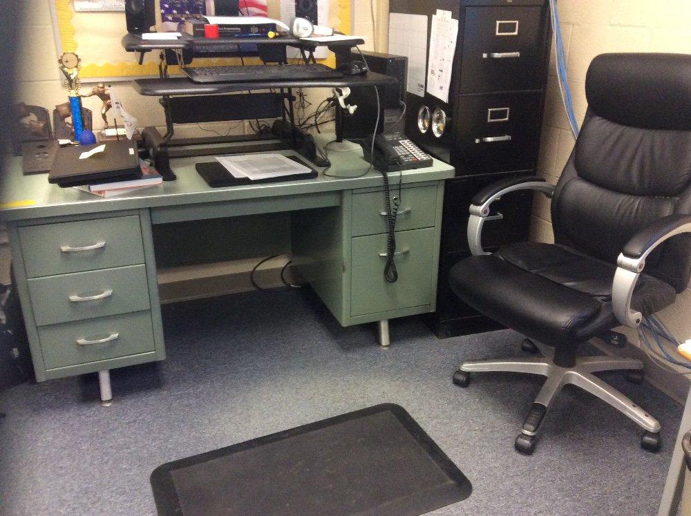 Metal desk, metal filing cabinet and office chair. Contents not included