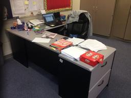 Teacher's desk, side cabinet and chair. Contents not included