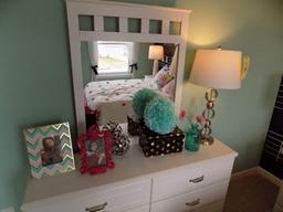 Bedroom lamp, frames, and print