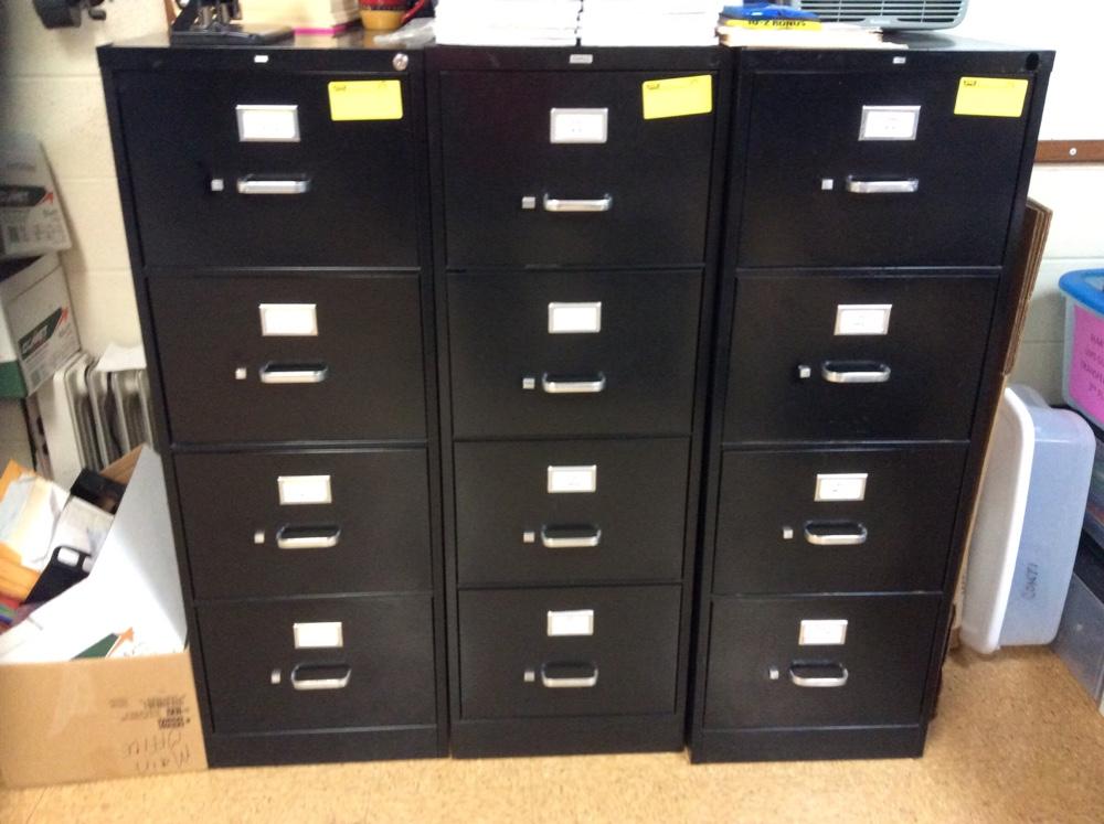 Black Cabinet, (3) Four-Drawer File Cabinets, (2) Two-Door Cabinets, (4) Chairs