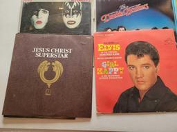 Group of vintage LPs and albums, Bee Gees picture album, Kiss, Doobie Brothers, Elvis, Saturday