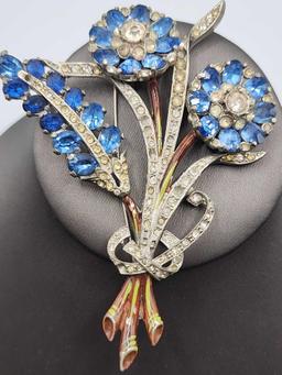 Vintage 4" large rhinestone floral pin brooch
