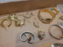 Box lot of art glass earrings, costume jewelry and Elgin 10k gf watch