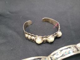 Antique and vintage sterling bracelets, pin and mexican silver cuff bracelet