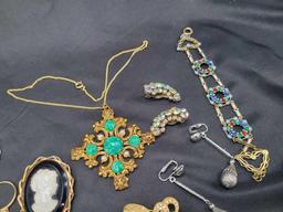 Group of vintage costume jewelry, Weiss rhinestone earrings, Pell earring/brooch set