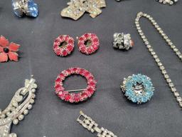 Weiss 3 pc earring brooch set, assorted vintage rhinestone jewelry, some weiss, bracelets