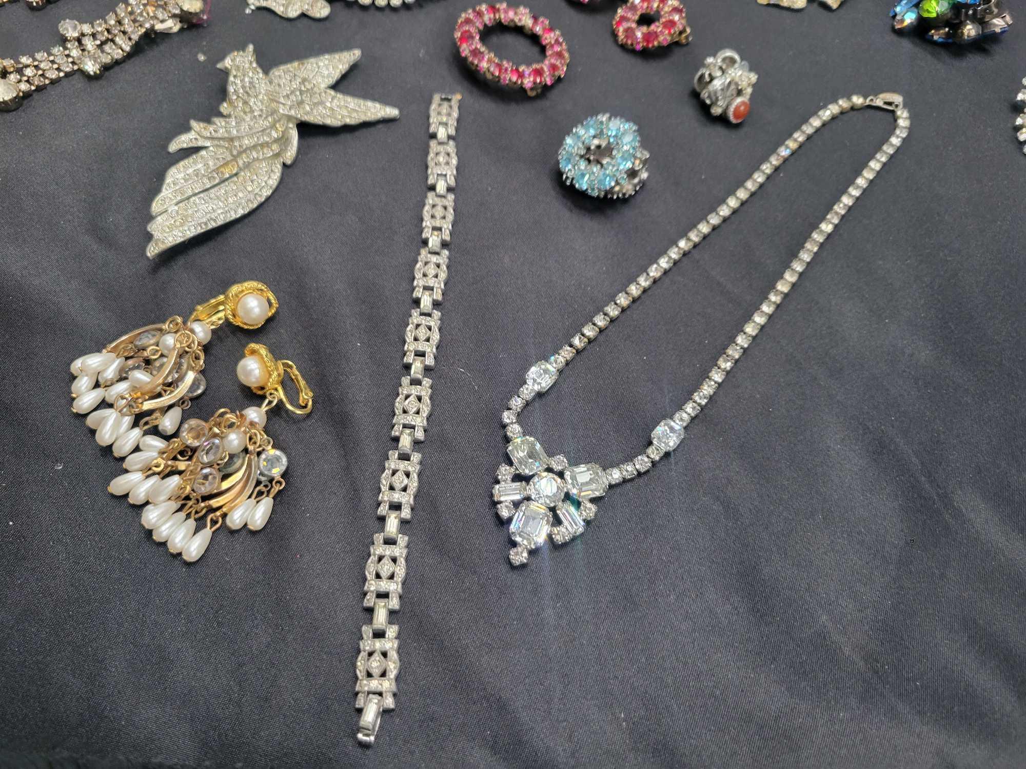 Weiss 3 pc earring brooch set, assorted vintage rhinestone jewelry, some weiss, bracelets