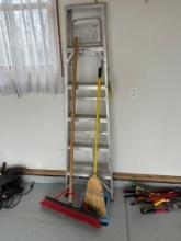ladder, Garage dust pan, brooms