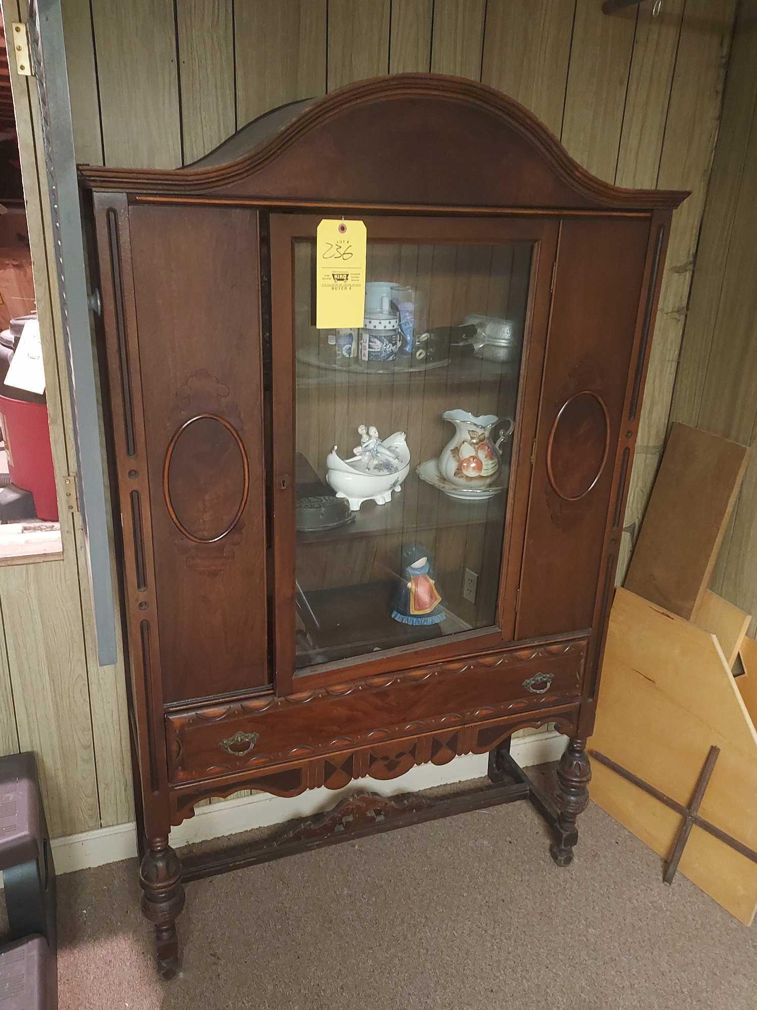 Ornate Carved China Cabinet & Contents