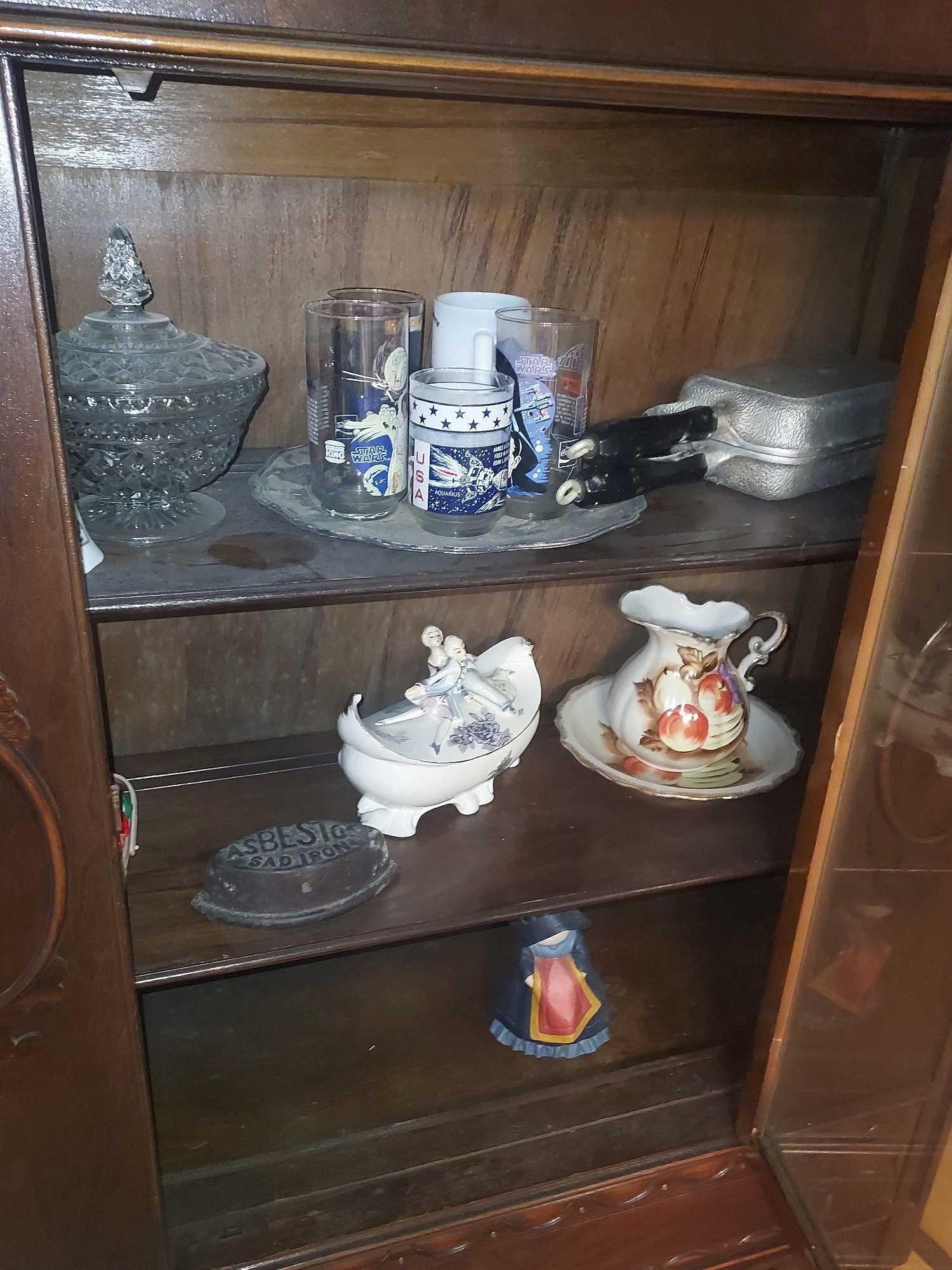 Ornate Carved China Cabinet & Contents