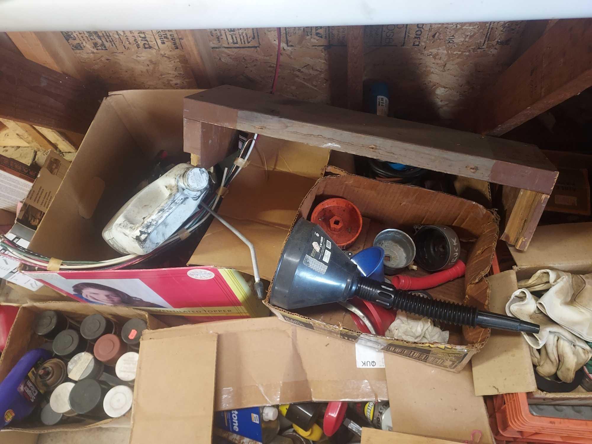 Contents On & Below Workbench - Sprays, Oils, Metal Pieces, Hardware, & more