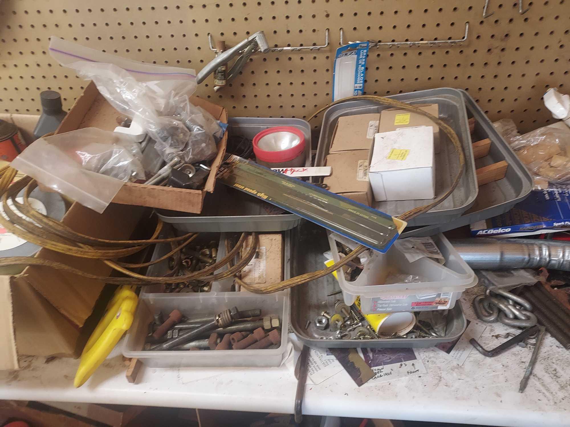 Contents On & Below Workbench - Sprays, Oils, Metal Pieces, Hardware, & more