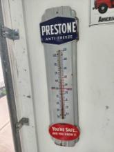 Vintage porcelain enamel Prestone anti-freeze advertising sign with thermometer