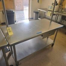 30in x 5ft stainless steel table on casters with pot and utensil holder