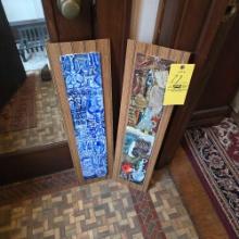 2 Wood Mounted Handpainted Art Pieces - Blue Pottery Scene & Desert Life Scene