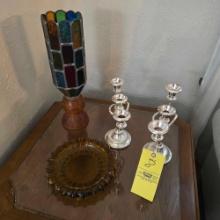 Metal Candlesticks, Decorative Glass Ashtray, & Stained Glass Candle Holder
