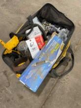 bag of assorted DeWalt tool (No batteries) oil filters, barrel pump