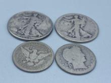 Barber Quarters & Walking Liberty Half Dollars bid x 4