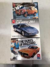 Amt model car kits. Corvette, Dukes of Hazards and Toyota fire chief