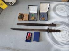 US Military Items Bayonet, Medals, Compass