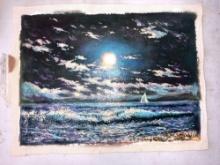 Kurhev 10X7 inch oil on canvas moon ship scene
