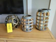 Metal sphere and pair of metal banded primitive candle holders