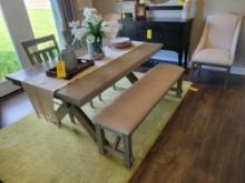 Powell Furniture dining table with 2 upholstered captain chairs, 2 straight chairs and bench