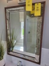 Modern beveled glass bathroom mirror with wood frame