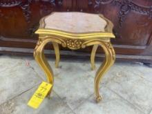 Small Carved Wood French Marble Top Side Table