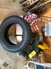 Tire, clamps, dump truck, nail bag, chairs