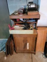 Press wood microwave stand, electric motor, lathe tools, horn, oak shelves