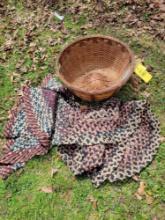 Large early Dresden basket and 2 woven rugs