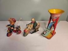 Assortment of Vintage Tin Litho - Boy on Tricycle, Motorcycle, See Saw